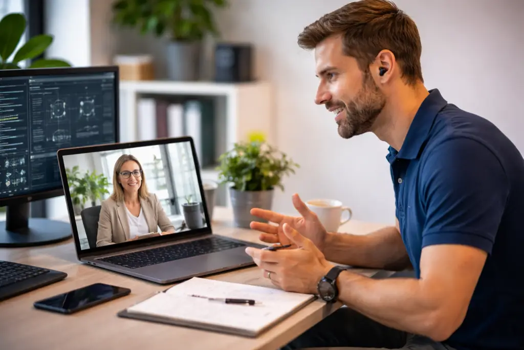 Professional IT consultant conducting a one-on-one Zoom consultation with a client from a home office