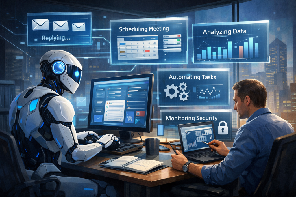 Illustration showing an AI agent working alongside a human professional to automate tasks, analyze data, schedule meetings, and improve productivity.