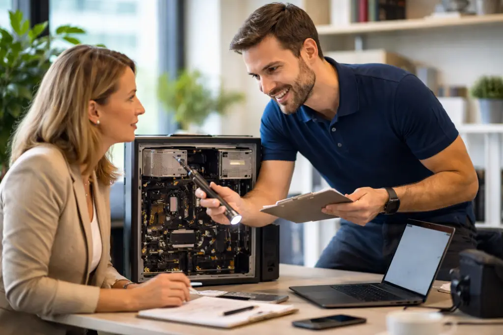 Professional IT technician providing hands-on computer diagnostics and support to a client in a modern office setting