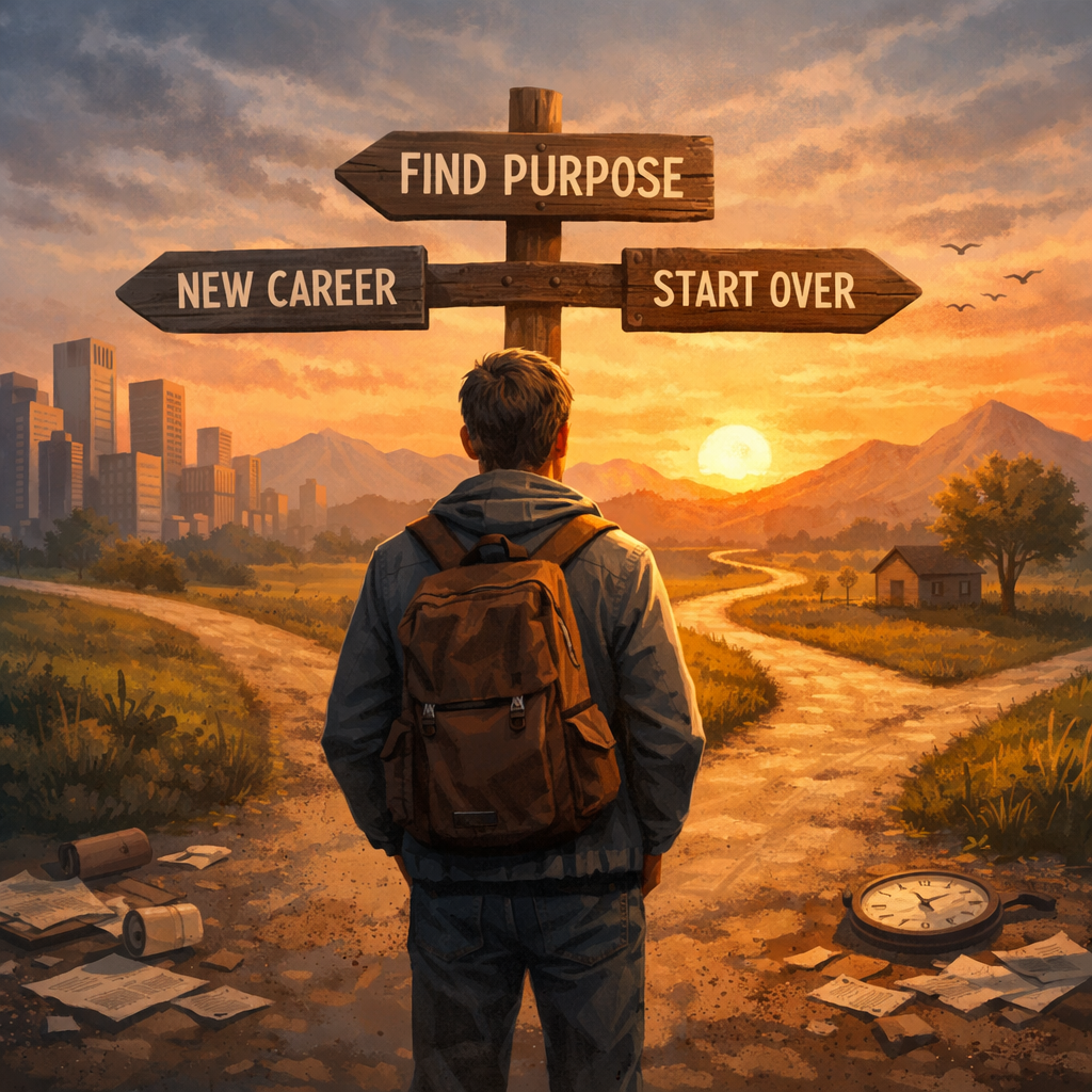 Adult standing at a crossroads at sunset, symbolizing feeling lost in life and choosing a new direction