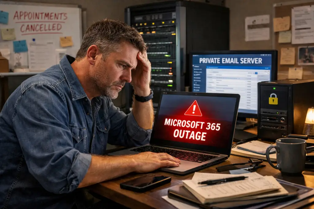 Small business owner affected by a Microsoft 365 outage while exploring a private email server solution