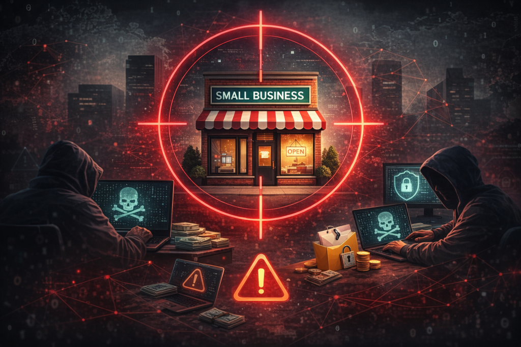 Small business storefront targeted by cybercriminals, illustrating why small businesses are frequent targets of cyberattacks and ransomware threats