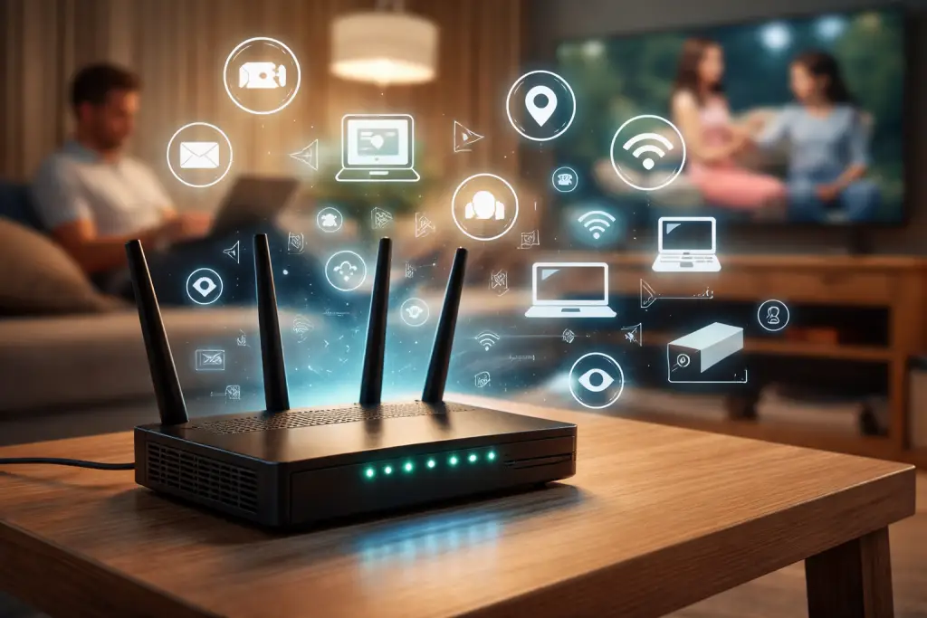 A home WiFi router sending data to connected devices like phones, laptops, and smart TVs, illustrating how everyday internet connections share information in the background.