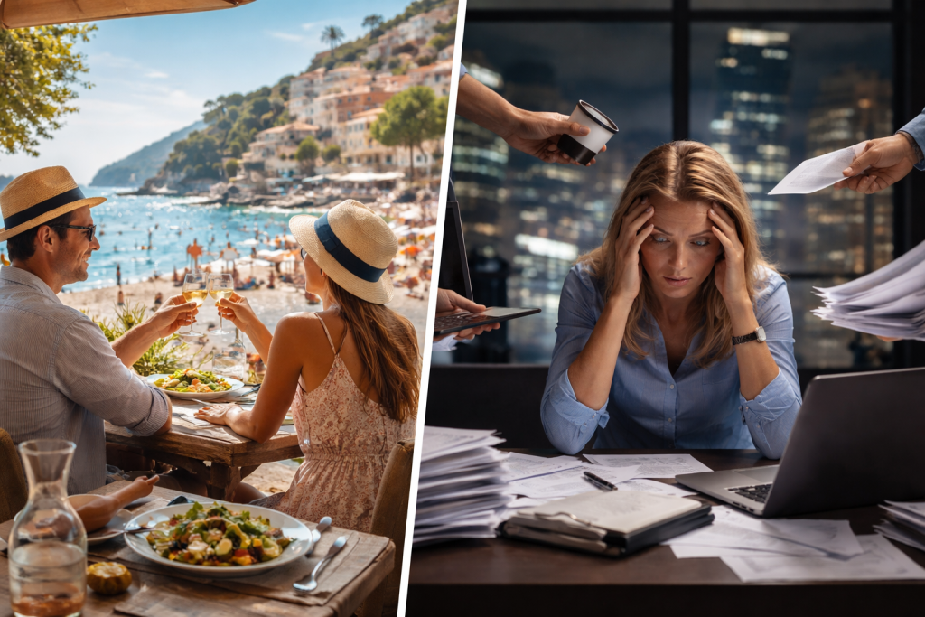 Split image comparing European work life balance with American work culture, showing relaxed Mediterranean lunch and vacation time contrasted with stressed American office worker overwhelmed by emails and paperwork.