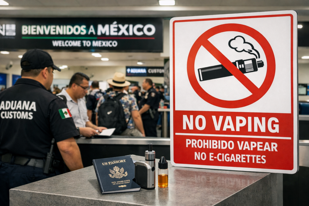 Mexican airport customs checkpoint with no vaping sign and vape devices confiscated from a US traveler