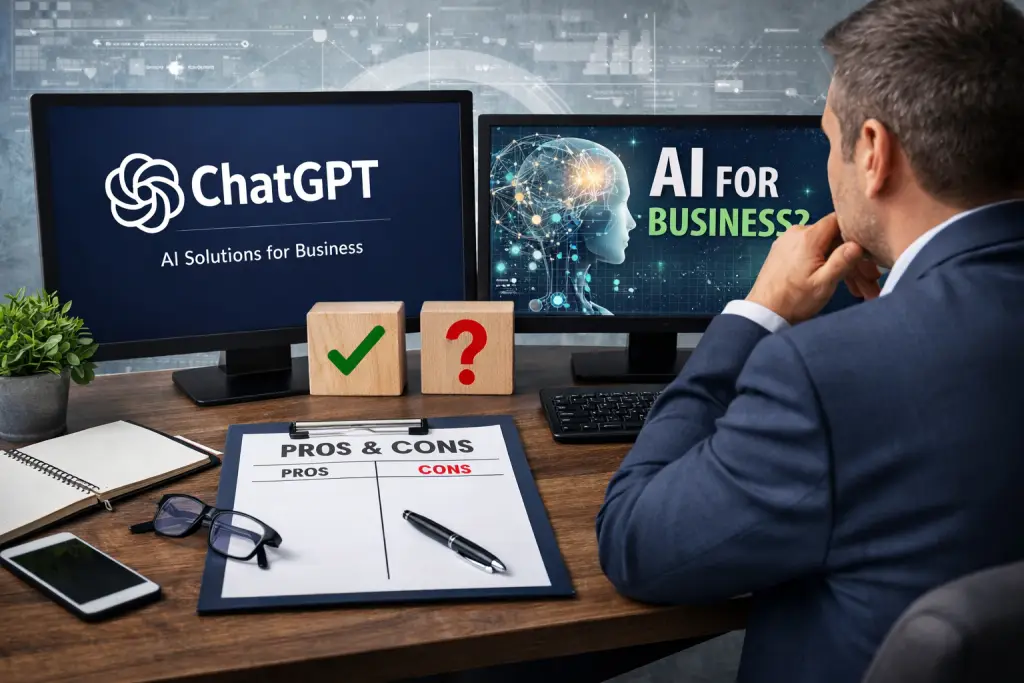 Business professional evaluating artificial intelligence tools like ChatGPT for business productivity and decision making.