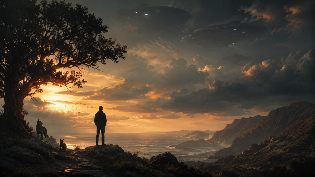 A lone person and two animals overlook a rugged coastline at sunset as mysterious spacecraft hover in the stormy sky above.