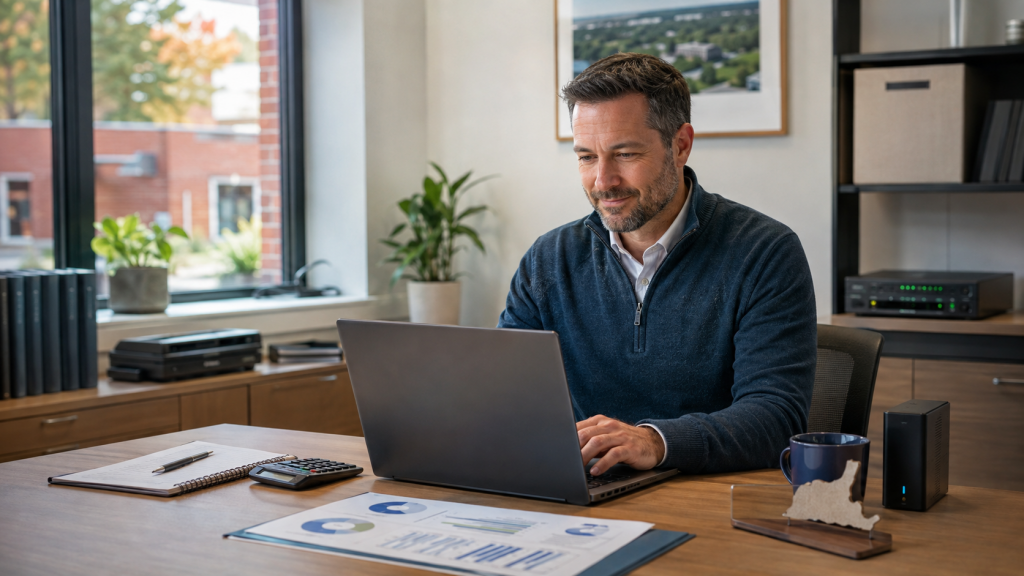 Small business owner reviewing an IT budget for managed services, cybersecurity, computers, and network equipment